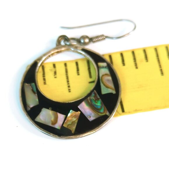Vintage Alpaca Silver Abalone & Black Enamel Crescent Drop Earrings - Picture 5 of 5